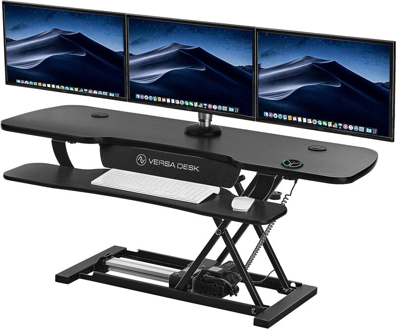 Konverter meja berdiri listrik ekstra lebar, konverter meja berdiri listrik, ketinggian PowerPro dapat disesuaikan, peninggi meja dengan baki Keyboard