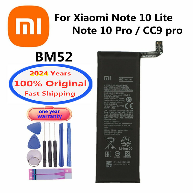 Xiaomi mi note用バッテリー,オリジナルbm52,100% mah,10 lite,10 pro,CC9pro,cc9 pro,5260