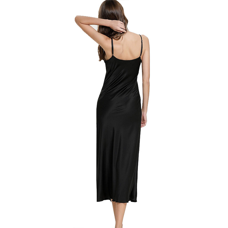 Женская атласная ночная рубашка, длинное шелковое платье для сна с V-образным вырезом, однотонная женская одежда для сна