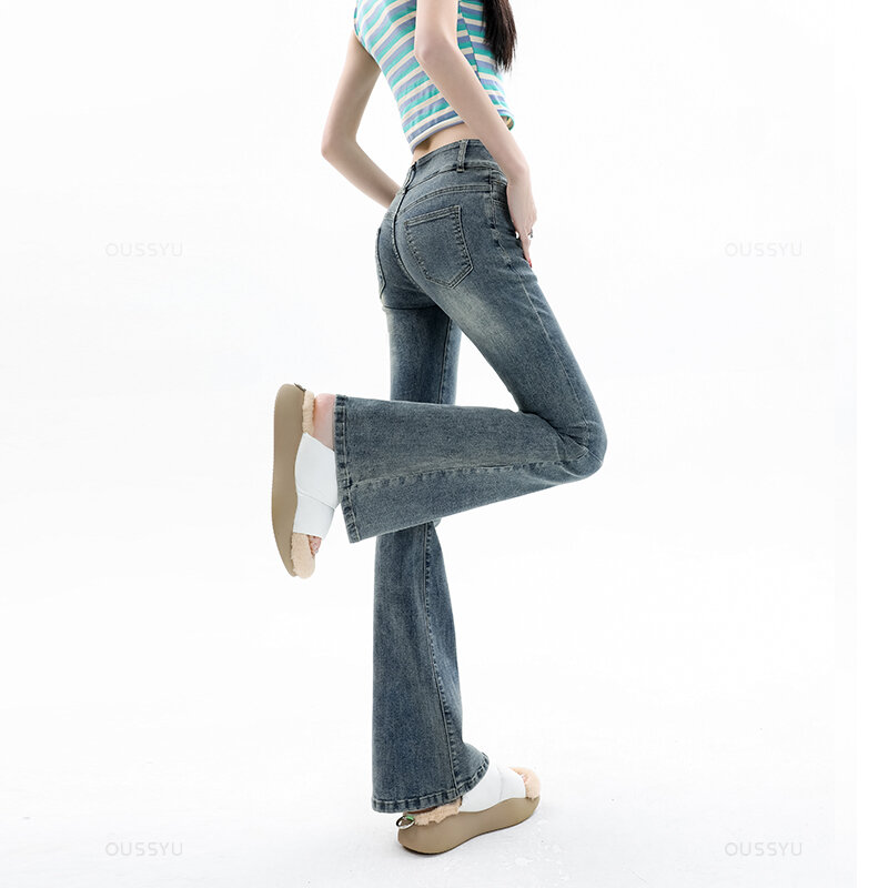 Frauen Jeans Baumwolle Denim Ausgestelltes Hosen Elastische Kraft Vintage Streetwear Hohe Taille Dünne Mom Harajuku Hosen Plus Länge
