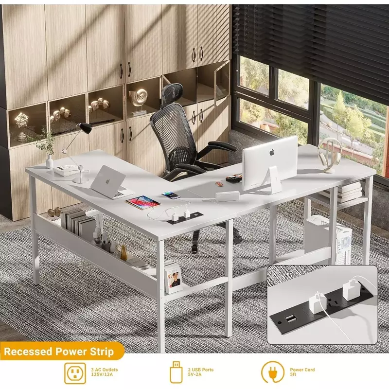 Meja kerja tahan lama untuk rumah, kantor, meja komputer bentuk L reversibel dengan saluran listrik ajaib dan port pengisian USB