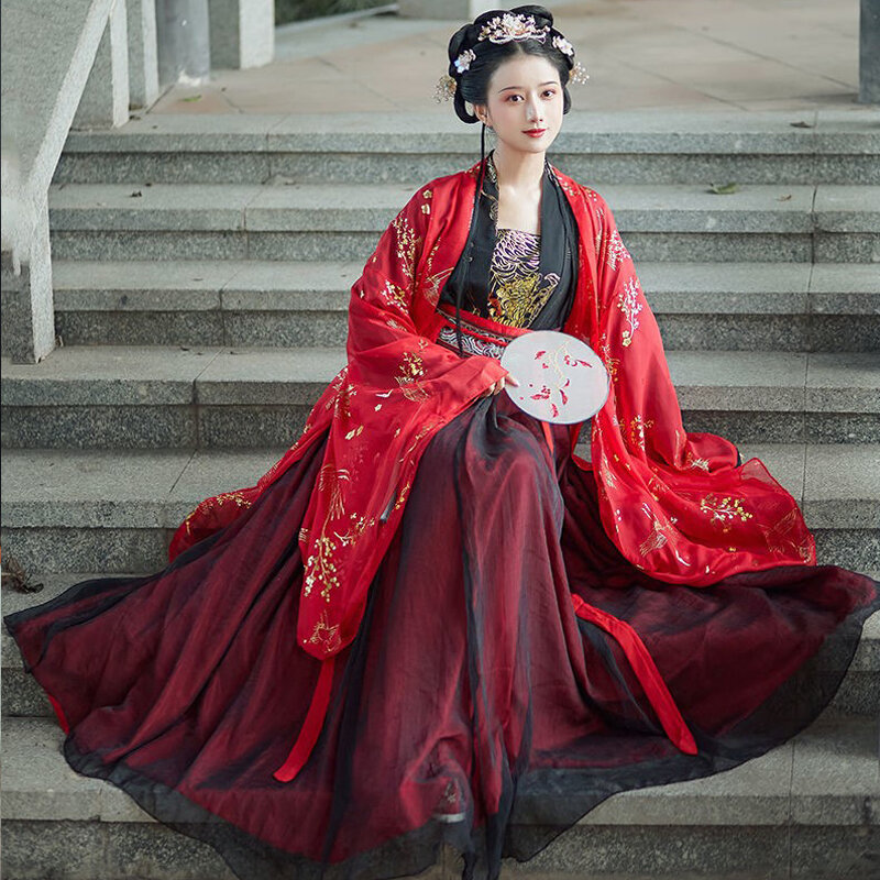 Vestido tradicional chinês hanfu para mulheres, roupa cosplay, roupas de fadas, traje antigo, vermelho, bordado floral, estudante