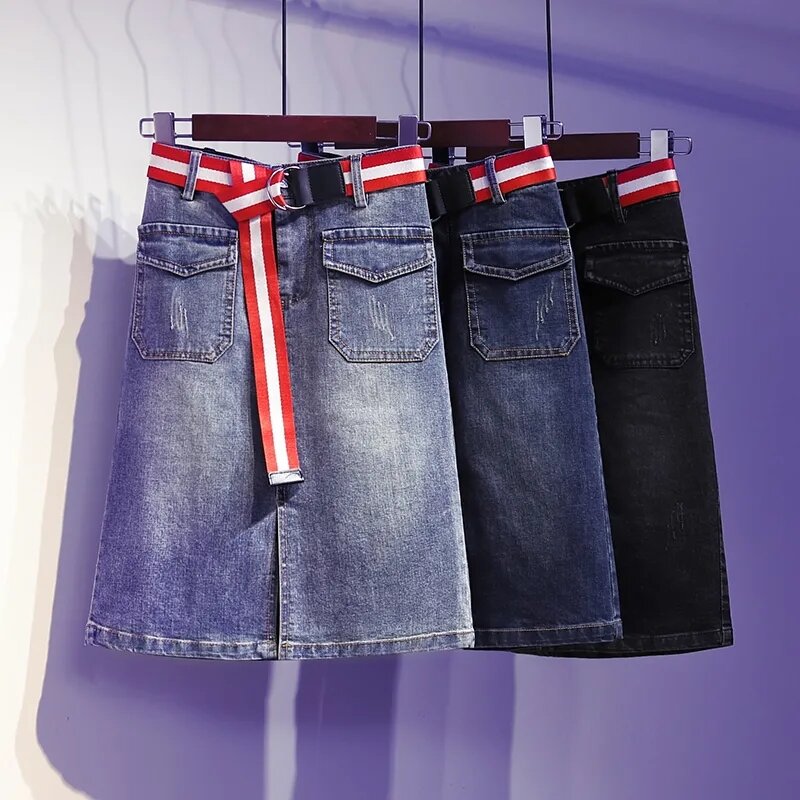 Frühling/Sommer High Taille Split Jeans rock mittellang schlank gewickelt Hüfte halbe A-Linie Röcke mit Gürtel weibliche Stretch Freizeit kleidung