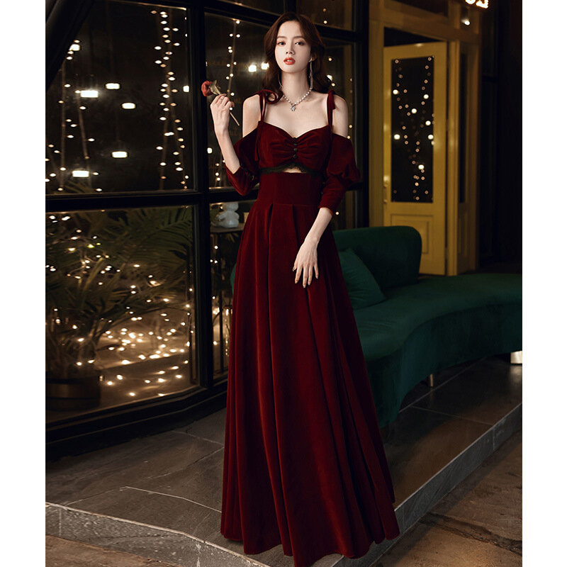 Wino czerwone aksamitne z ramienia suknia ślubna kobiety bandaż krótki Top bez pleców suknie wieczorowe wykwintne eleganckie suknia wieczorowa