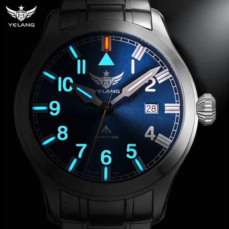 Yelang นาฬิกาควอตซ์เรืองแสงในตัว T100 H3ใหม่กันน้ำ100เมตรกระจกแซฟไฟร์นาฬิกาผู้ชายนาฬิกาสปอร์ตทหาร V1021SS