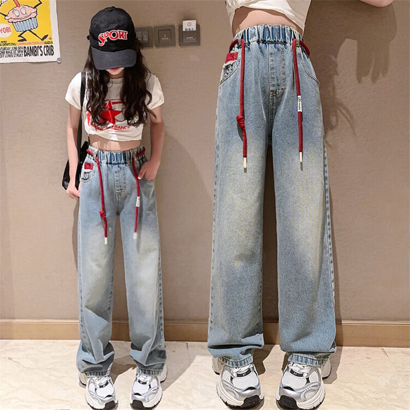 Celana Jeans anak perempuan 6-15 tahun, celana kaki lebar baru 2024, versi Korea untuk anak-anak usia 6-15 tahun