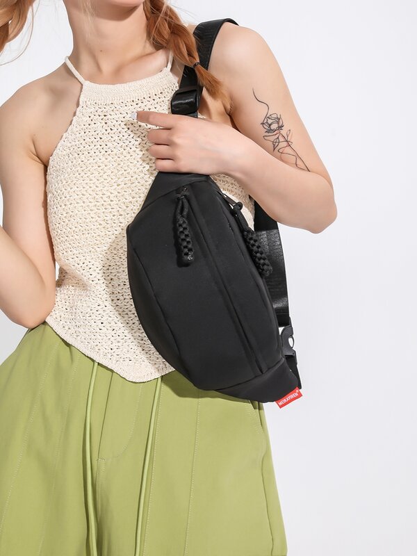 Bolsa de ombro em tecido de nylon feminina, cintura simples, cor sólida, minimalista, casual, versátil, portátil, bolsa de peito, com zíper, novo, 2023