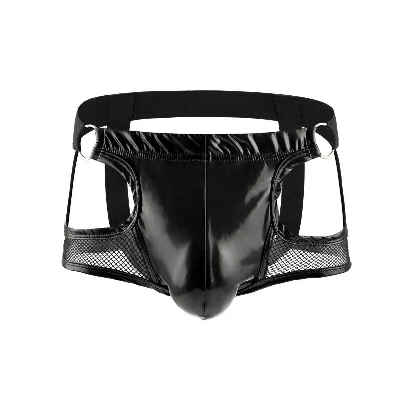 Calções Boxer de couro envernizado para homens, Sexy Hollow Out Mesh Underwear, Bulge Pouch Cuecas, Lingerie Erótica, Shorts Gay