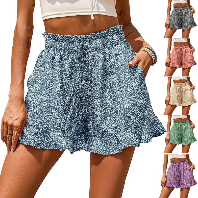 Pantalones cortos informales para mujer, Shorts elásticos de cintura alta con estampado Floral y volantes, cómodos, holgados, para playa y verano