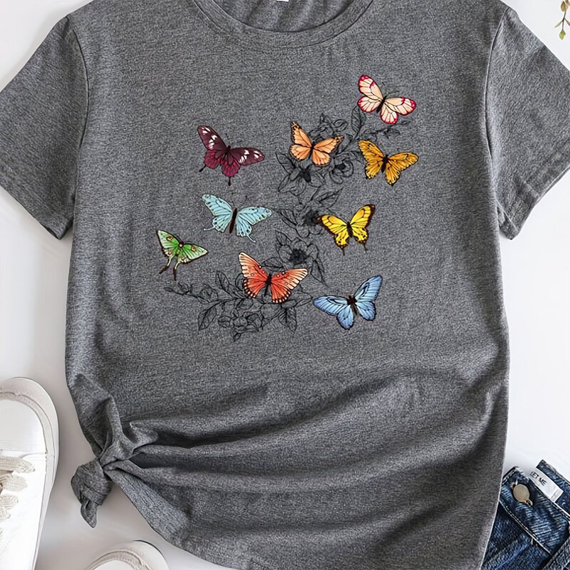 T-shirt da donna estate girocollo manica corta motivo a farfalla stampato Top allentato elegante data abbigliamento t-shirt moda donna
