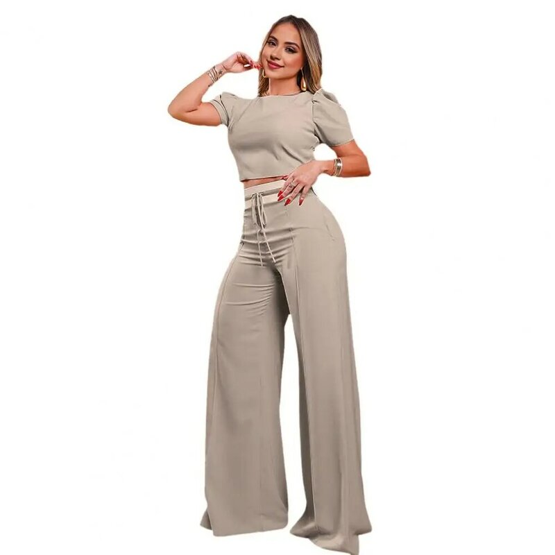 Женская одежда для работы, шикарный комплект из двух предметов, укороченный топ и брюки с пузырьковым рукавом, топ с круглым вырезом, брюки с широкими штанинами на завязках, офисный стиль