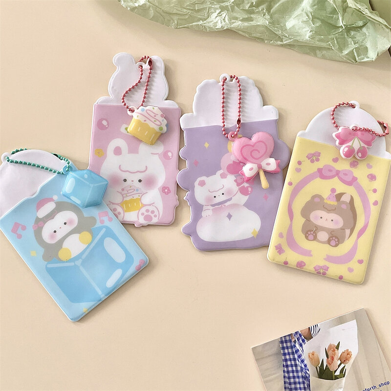 3Inch Cute Bear Cat Photocards Holder With Chain Waterproof Protector Kpop Idol Photo Card Sleeves Keychain Pendant Stationery