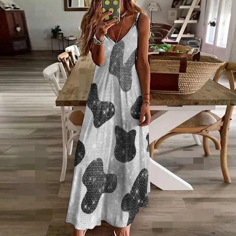 Женское блестящее платье без рукавов, черное блестящее вечернее платье с коровьим принтом, лето 2023