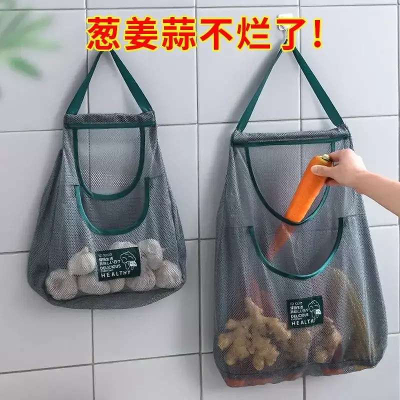 Tas gantung buah dan sayuran multifungsi, tas jaring bersirkulasi gantungan dinding alat penyimpanan jahe dan bawang putih