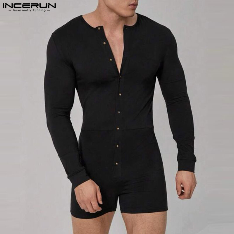 INCERUN 2024 męskie pajacyki jednokolorowe O-neck z długim rękawem zapinane na guziki body męskie Homewear obcisłe Casual męskie przebrania piżamy S-5XL