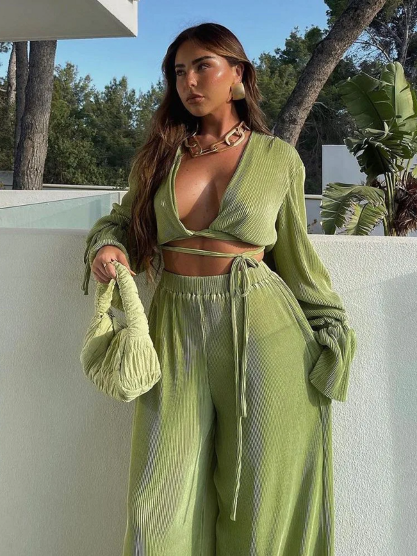Spring Summer Two Pieces Pant Set Women Sexy Holllow Out Deep V-neck Full Flare Sleeve Short Top And Wide Leg Pants Pleated Sets