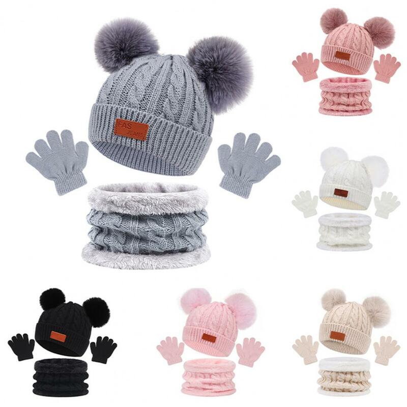 Conjunto de luvas do Beanie engrossado do bebê, lenço térmico, decoração de pelúcia, chapéu de tricô, lenço monocromático, 3 peças, inverno