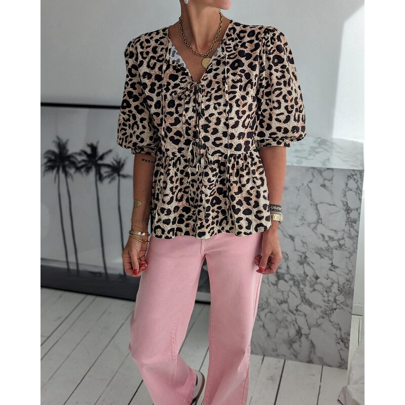 Blusa feminina com estampa de leopardo, manga lanterna, detalhe casual amarrado, design ruched, roupa sexy, moda verão