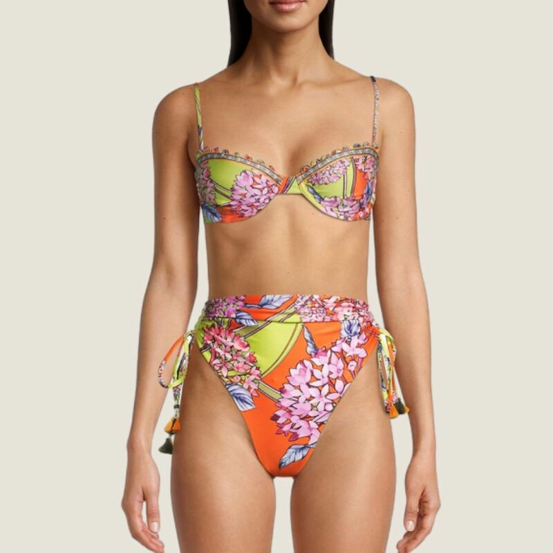 Colorblock motif bunga Bikini pantai wanita musim panas pantai Suspender baju renang liburan seksi dua potong pakaian renang tabir surya menutupi