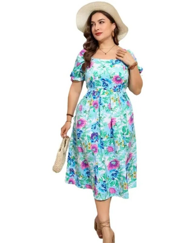 Plus Size Summer Flower Floral Print Midi Dress Women Square Collar Fashion Ruffle Pleated Ladies Dresses Loose Woman Dress