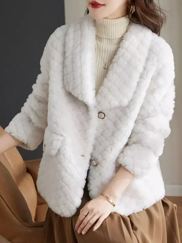 Casaco granulado elegante para mulheres, casacos e casacos 100% lã, casaco de pele de cordeiro, inverno e outono, 2024, 2023