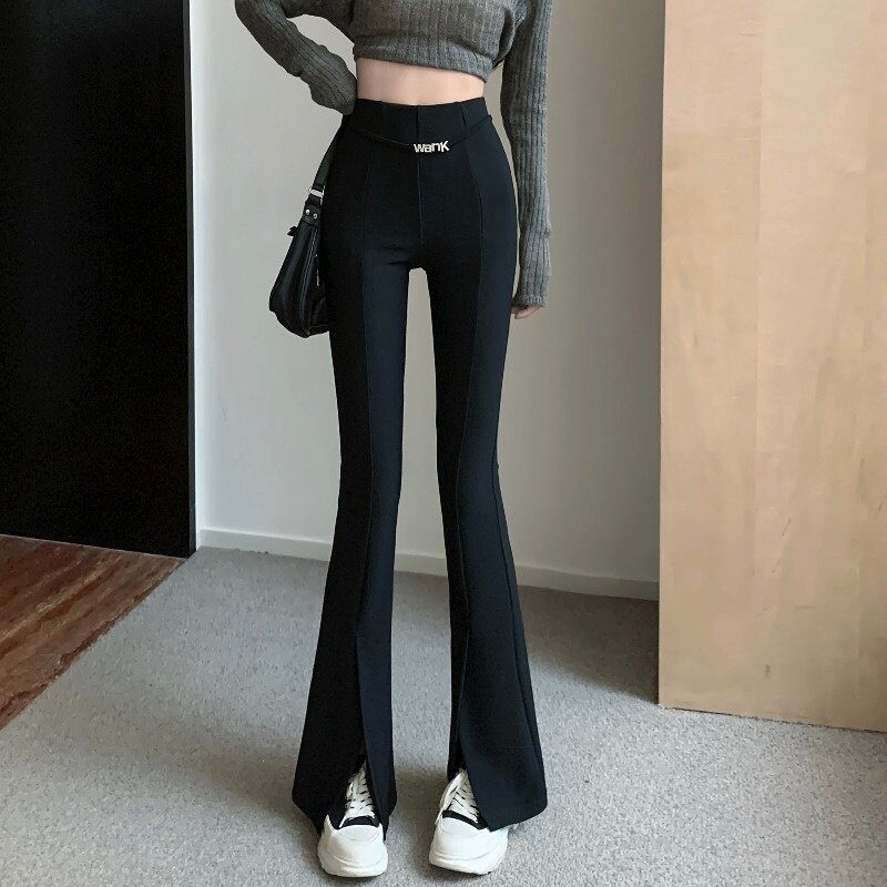 Czarne spodnie dorywczo split: damskie letnie krótkie, uniwersalne, zwiotczające, wysoka talia, szczupłe, mikro róg spodnie, spodnie