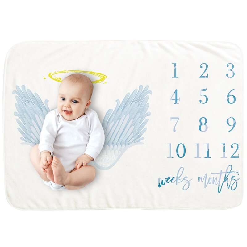 Couverture jalon du mois pour bébé, couverture croissance mensuelle, nouveau-né, flanelle douce, aile d'ange imprimée,