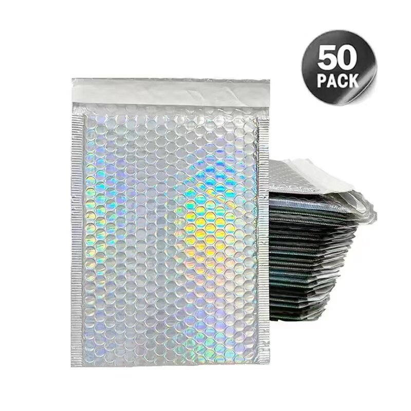 50 buah pembungkus gelembung metalik holografis kemasan hadiah glamor nuansa perak warna-warni bantalan Foil dilengkapi amplop pengiriman