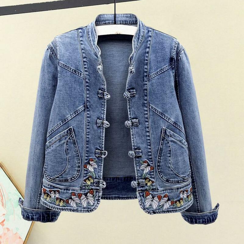 Solid-color Lapel Jacket Chinese Style Embroidery Denim Coat for Women with Slim Fit Single-breasted Design Turn-down Collar