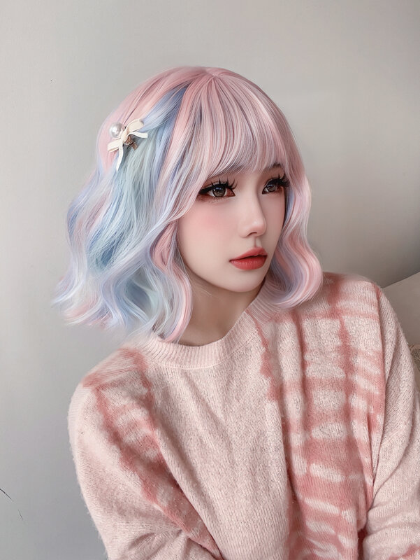 12Inch Lolita Multicolour Blue Pink Color Synthetic Wigs With Bang Short Natural Wavy Hair Wig For Women Cosplay Heat Resistant