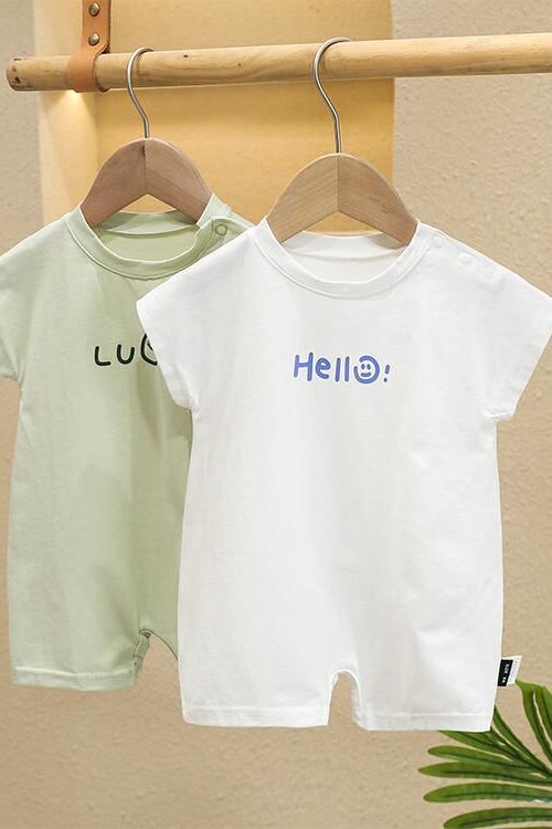 Jenny&Dave Summer Cotton Baby Short Sleeve Bodysuit Thin ins Style Simple Letter Solid Romper Newborn Fashionable~Children