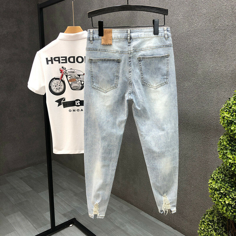 New Arrival Men's Casual Jeans Spring and Autumn Slim Washed Distressed Pencil Pants Solid Holes Trendy Skinny Foot Trousers