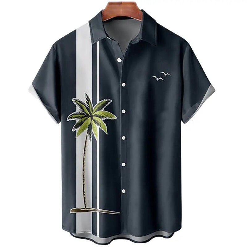 Hawaii kaus pantai pria, baju atasan ukuran besar, busana musim panas lengan pendek kasual cetak pohon kelapa