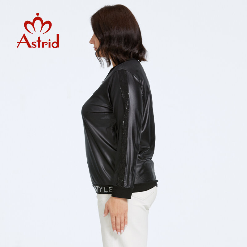 Astrid-T-Shirt manches longues en cuir PU pour femme, vêtement à la mode, avec diamant artisanal, grande taille, collection automne 2023