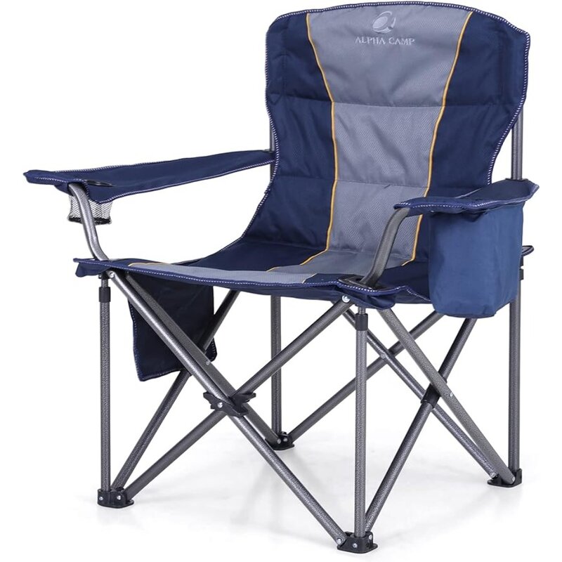 ALPHA CAMP 대형 캠핑 접이식 의자, 헤비 듀티 패딩 암 쿼드 요추 등받이 의자, 잔디 야외, 파란색 휴대용