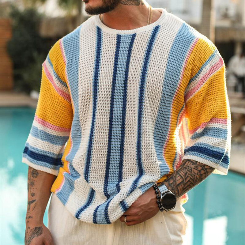 Pullover in maglia moda uomo a righe Color Block