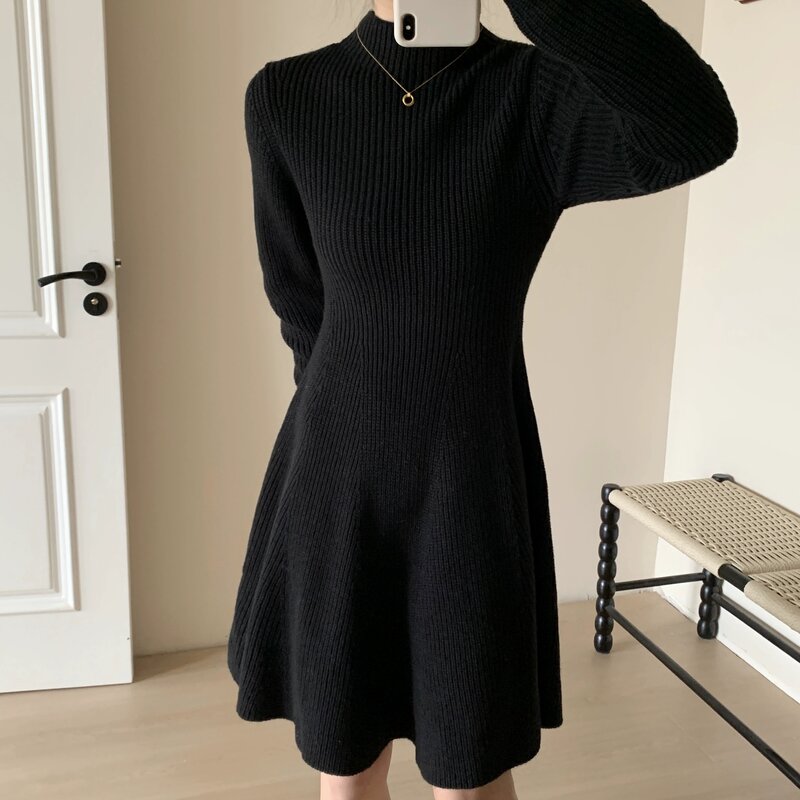 Mini robe de malha de lã feminino, gola alta fina, manga comprida, cinza ou preto, vestido de malha feminino, primavera, novo, 2024