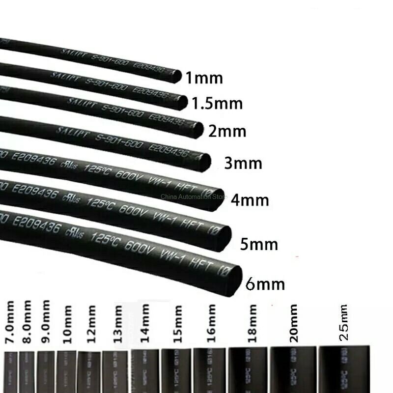Gaine thermorétractable noire, fil rond, réparation de connecteurs de bricolage, diamètre 1mm, 2mm, 3mm, 5mm, 6mm, 8mm, 10mm, 12mm, 14mm, 2:1