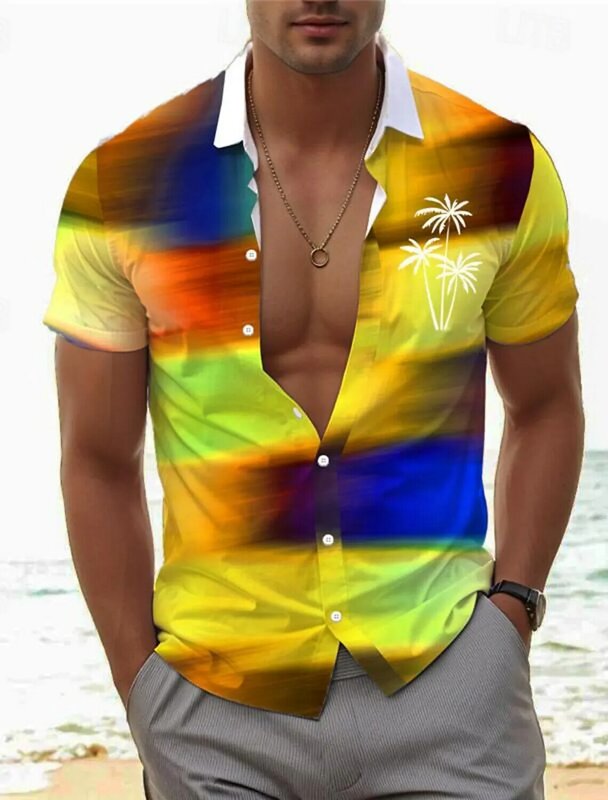 Мужская пляжная рубашка на пуговицах, голубая пляжная рубашка с 3D-принтом пальмы и тропических деревьев, с короткими рукавами и градиентом, повседневная одежда для отпуска на лето 2019