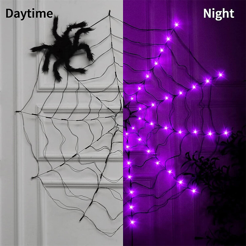 Solar Halloween LED Spider Web Lights Waterproof Black Spider Net Lights Halloween Purple String Light Outdoor Home Party Decor