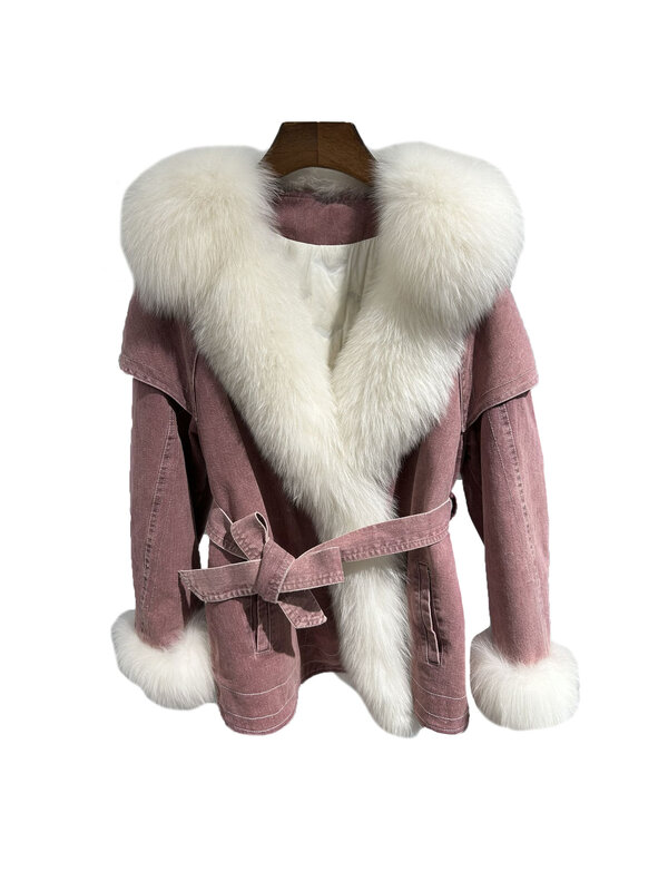 Casaco de pele quente e confortável com cinto, lapela curta, versão solta, cor pura, novo design, inverno, 2023, 2028