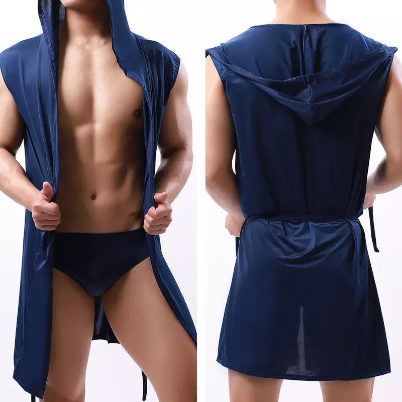 And Ice Pijama Robe Hombre Thin Comfortable Bath Bathrobe New Sleeveless Sexy Breathable Gown Solid Men's Silk Hooded Color