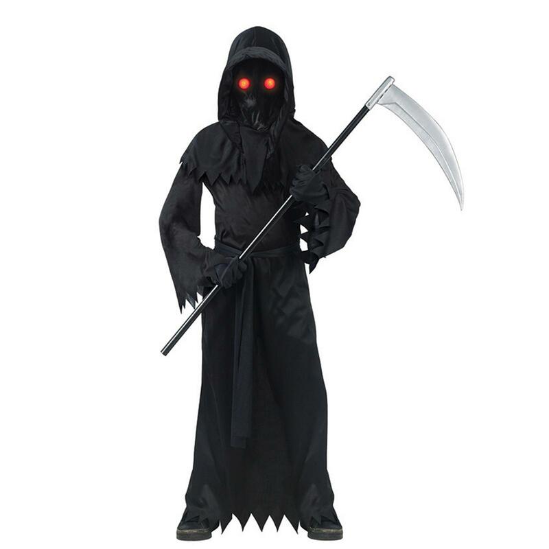 Grim Reaper Cosplay Costume Set para Crianças, Olhos Vermelhos Brilhantes, Robe Decor, Masquerade, Photo Props, Halloween Party