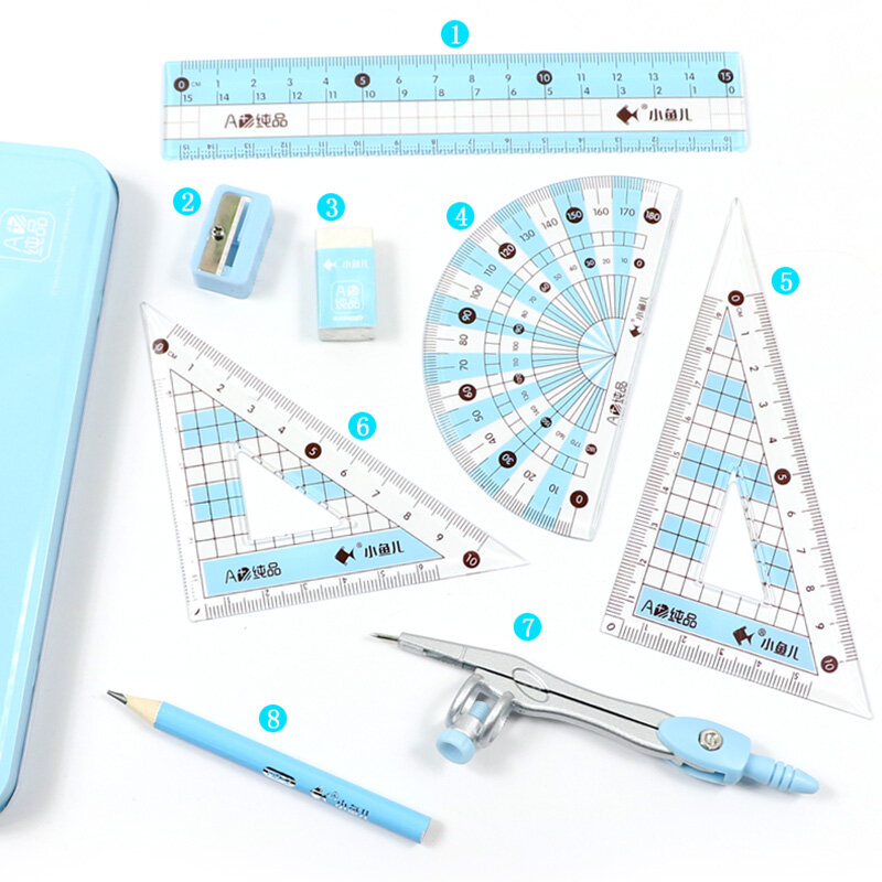 8 Buah/Set Penggaris Kompas Set Pensil Geometri Matematika Siswa Menggambar Alat Tulis Matematika untuk Anak Laki-laki Perempuan Hadiah Perlengkapan Sekolah