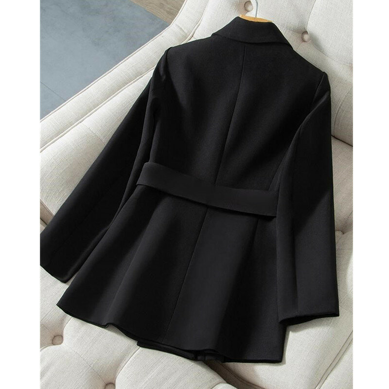 UHYTGF-Blazer de manga larga con bolsillo Invisible para mujer, chaqueta de doble botonadura, color blanco y negro, para primavera y otoño, 1008