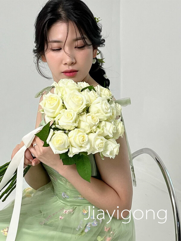 Elegante bordado flor arcos organza, espaguete A-line, festa de casamento, moda coreana