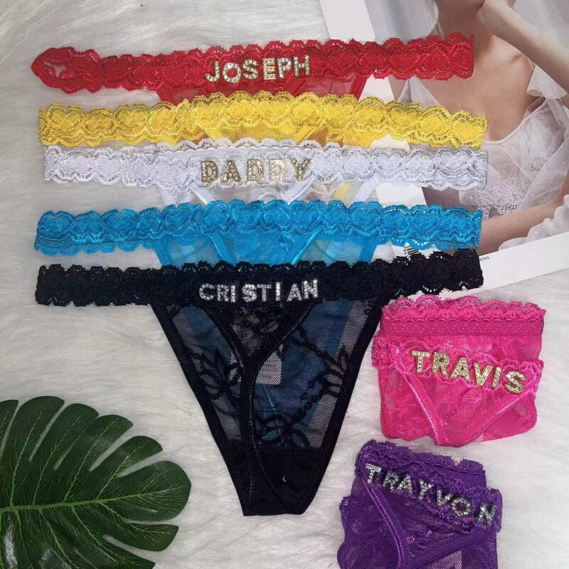 Custom Thong with Name Sexy Customized Thongs Rhinestone Letters Lace Thongs Personalized Underwear Panties G-String Tanga Gift