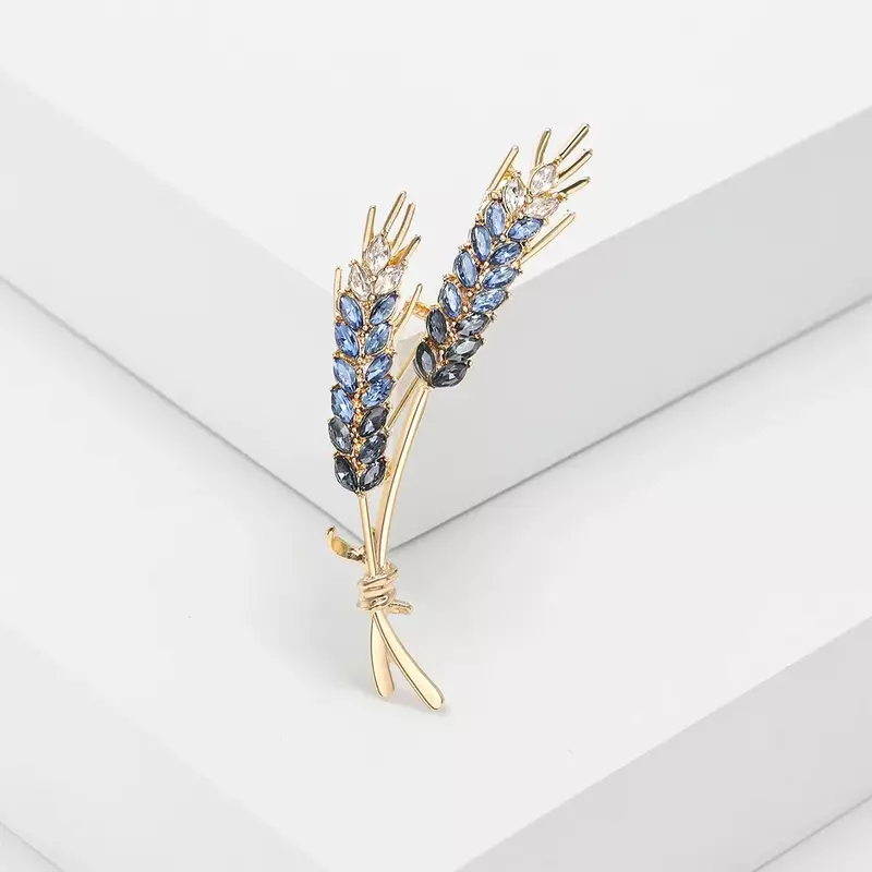 Modne broszki z uchem pszenicy dla kobiet Rhinestone niebieskie i żółte szpilki z roślinami biżuteria odznaka z kryształu górskiego delikatne akcesoria do prezentów