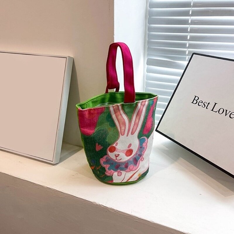Canvas-Umhängetasche mit niedlichem Cartoon-Hasen-Aufdruck, großes Fassungsvermögen, Handtasche, perfekt zum Einkaufen, und