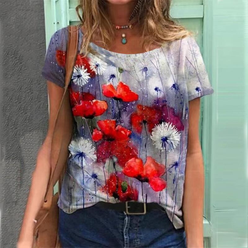 2022 camisetas femininas moda floral tema t camisa plantas florais camisetas roupas de verão básico feminino tops impressão 3d solto pulôver